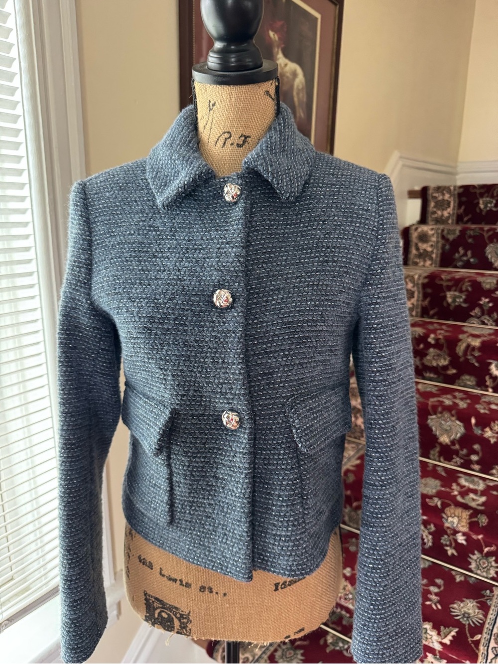 Zara Classic Women's Blue Tweed Button-Up Jacket